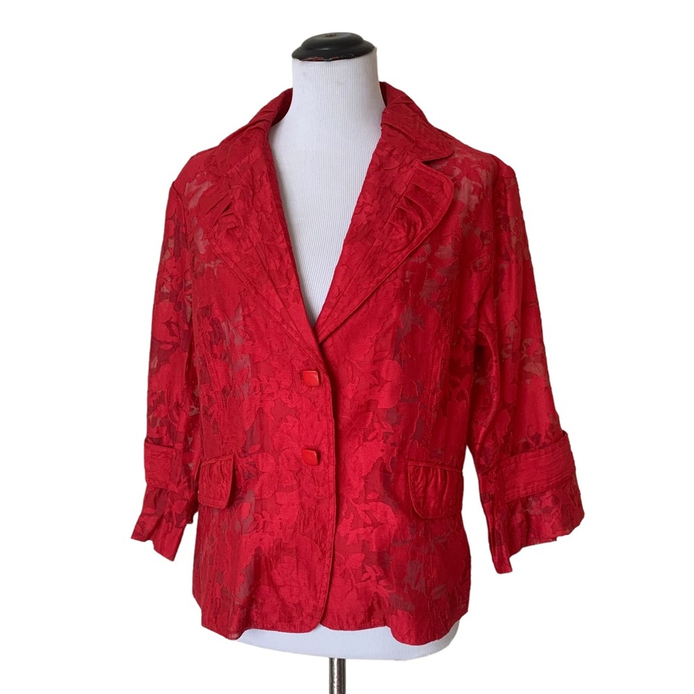Clara Sun Woo Red Sheer Floral Two Button Blazer Jacket Size Large 3/4 Sleeve